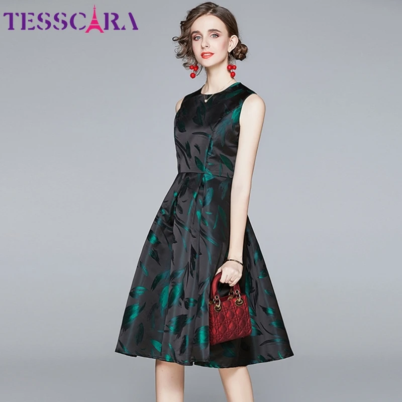 TESSCARA Women Luxury Jacquard Dress Festa High Quality Office Cocktail Party Robe Femme Vintage Designer Sleeveless Vestidos | Женская