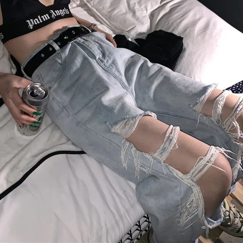 

Women High Waist Ripped Jeans Loose Thin Jeans Denim Pants Breeches Overalls 2021 Vintage Female Torn Trousers Streetwear