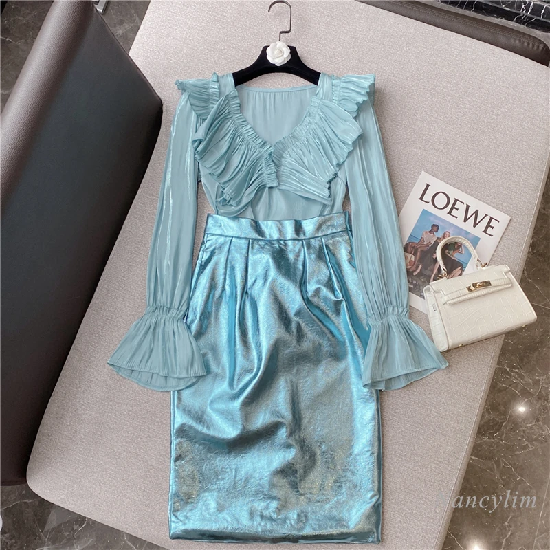 

Женская юбка средней длины из искусственной кожи, привлекательная рубашка с V-образным вырезом, расклешенными рукавами и высокой талией в с...