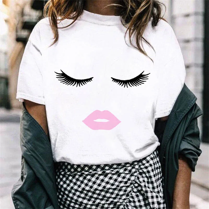 

Women's T-shirt Summer Short Sleeve Fun Eyelash Graphic Shirt Print Camiseta Femme Casual Harajuku Large Size T-shirt Women Top