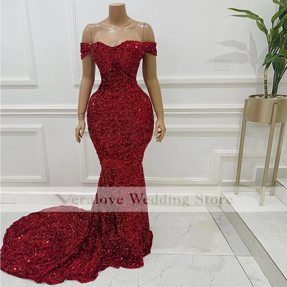 

Red Sequins Evening Dress 2021 Off Shoulder Sweep Train Mermaid Prom Dress for Women Party Night Dress