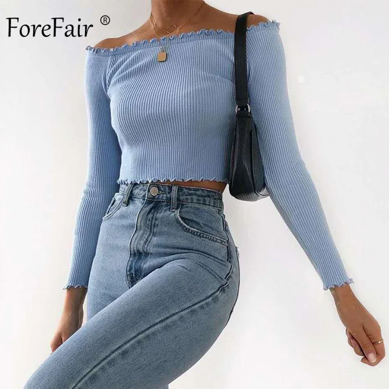 Женский укороченный топ с открытыми плечами Forefair вязаный Топ в рубчик длинным