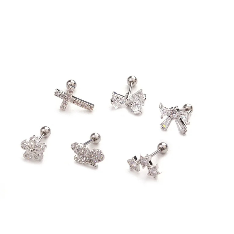 Серьги-гвоздики с фианитами маленькие украшения для ушей в форме креста банта