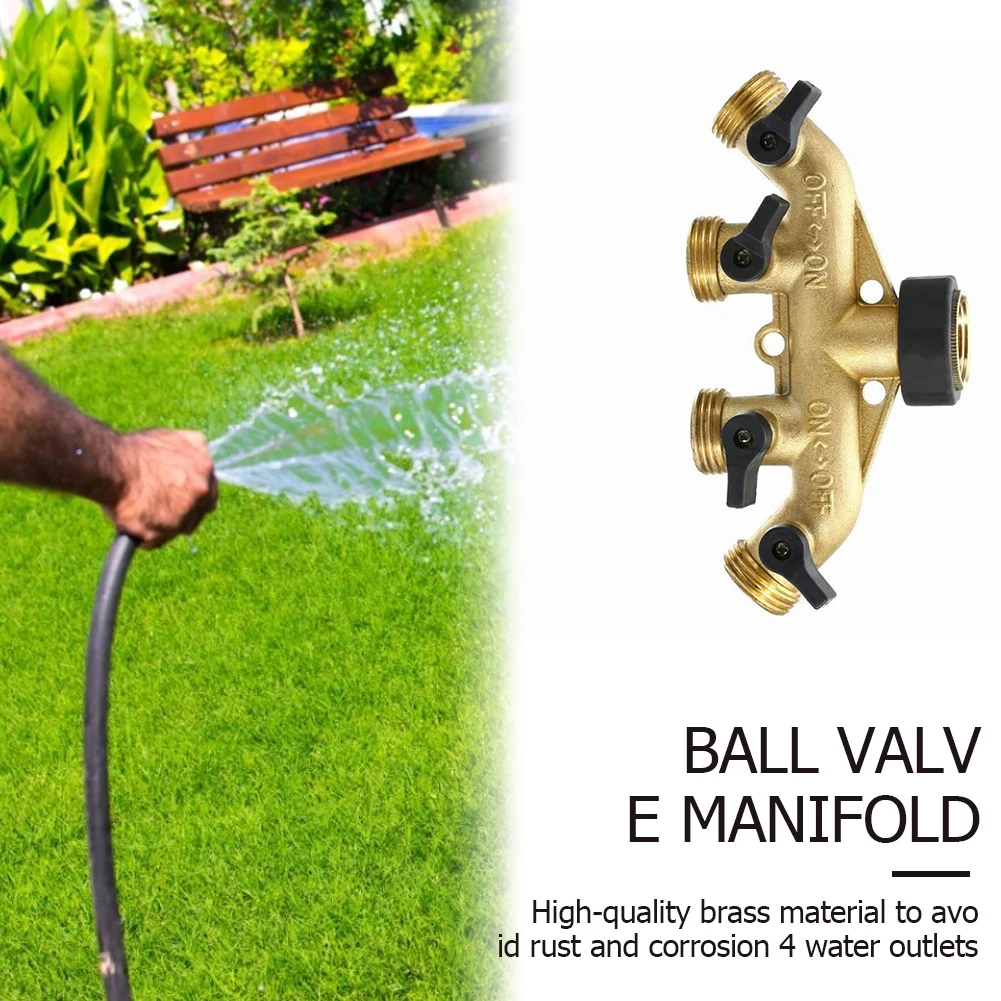 

3/4in Male Thread 4 Way Brass Ball Valve Garden Irrigation Adapter Watering Hose Pipe Splitter Faucet Tap Connector Distributor