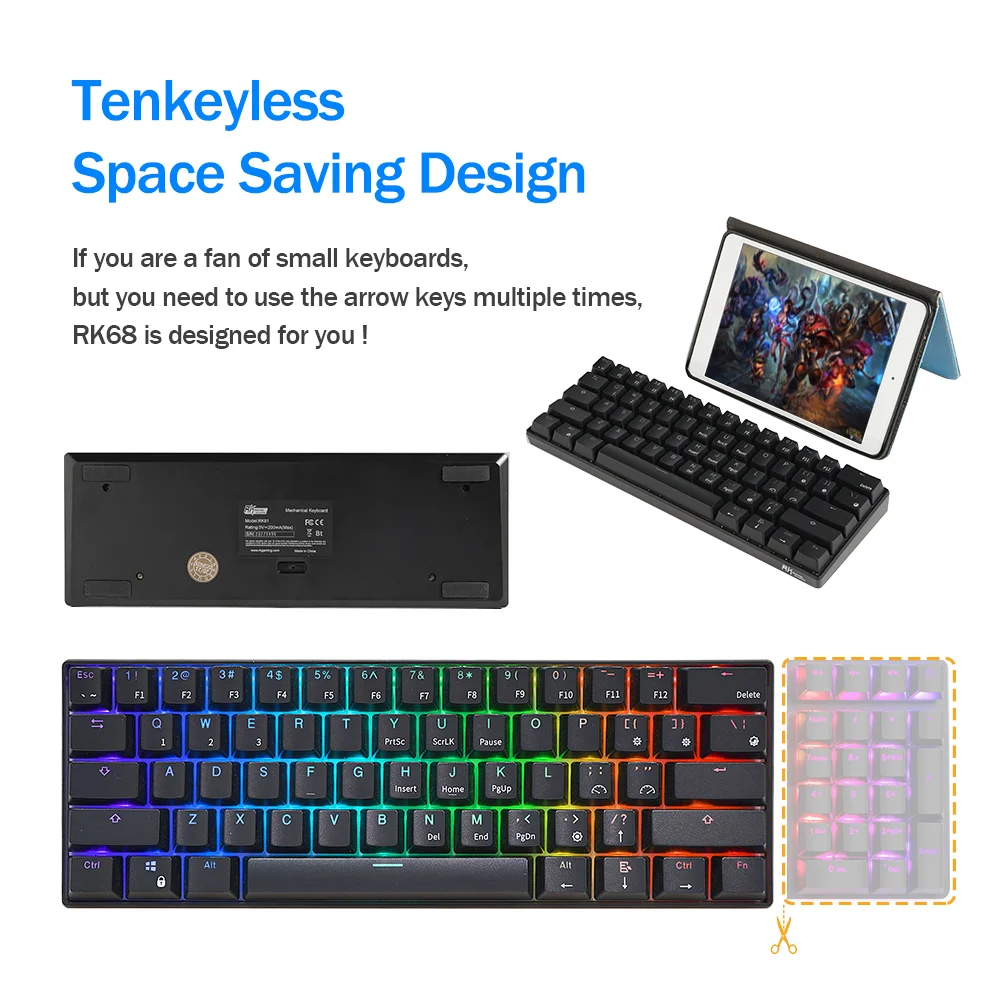 

Royal Kludge RK61 Tri Mode RGB 60% Gamer Accessories Custom Keys Mechanical Laser Led Numpad flexible bluetooth Keyboard