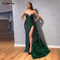 smileven luxurious sweetheart sequins crystal side split evening dress mermaid peacock feather prom party gown robe de soiree