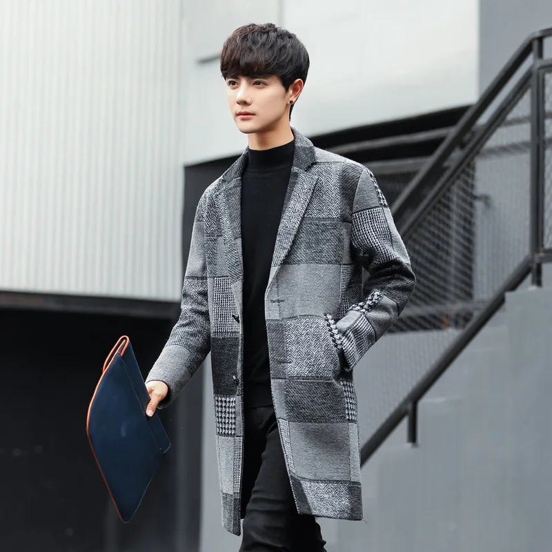 

Korean Plaid Coat Man Style Woolen Coat Men Outwear 2023 Autumn&Winter Mens Jackets And Coats Casaco Masculino KJ257