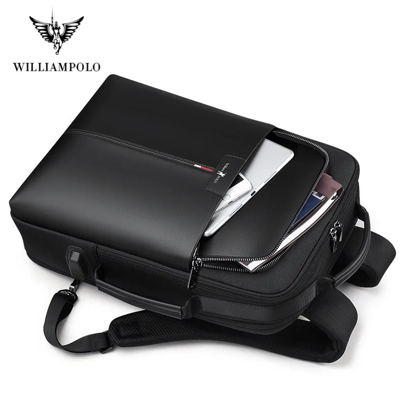 Мужской рюкзак от кражи WILLIAMPOLO расширяемый кожаный с USB внешней зарядкой для