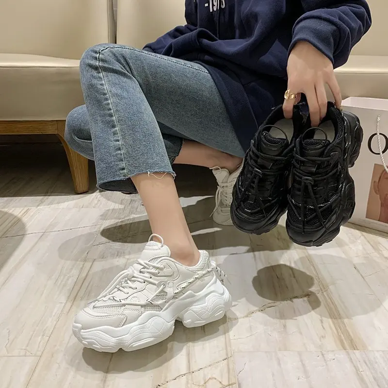

Women Fashion White Sneakers 2022 Spring Platform Chunky Casual Shoes Brand Old Dad Shoes Woman Black Vulcanized Shoes White 5cm