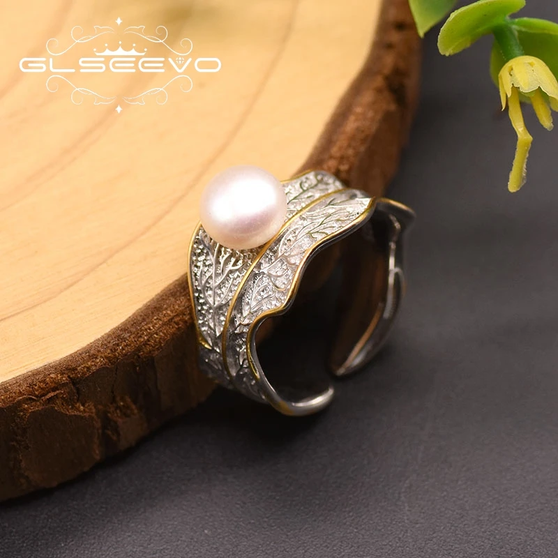 

GLSEEVO Fresh Water Pearl 925 Silver Leaf Shape Ring For Women Girl Lovers' Minimalist Vintage Wedding Party Jewellery GR0256