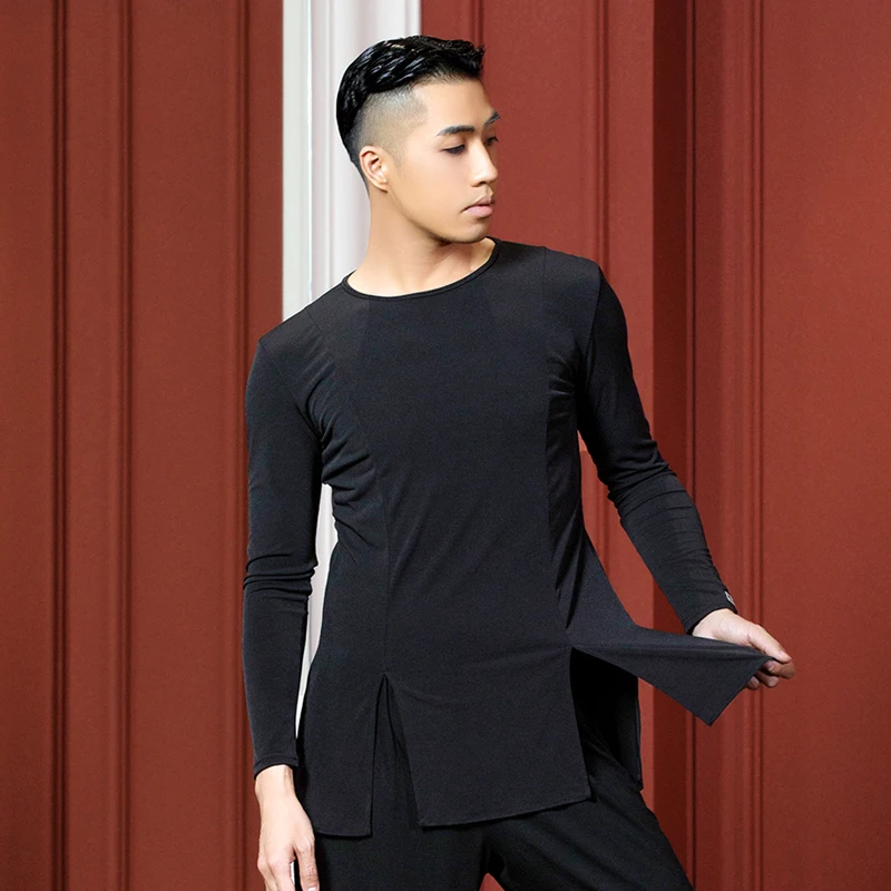 

2022 Men'S Lartin Dance Practice Clothes Black Loose Crewneck Shirt Chacha Samba Tango Latin Dance Competition Clothing DQS8811