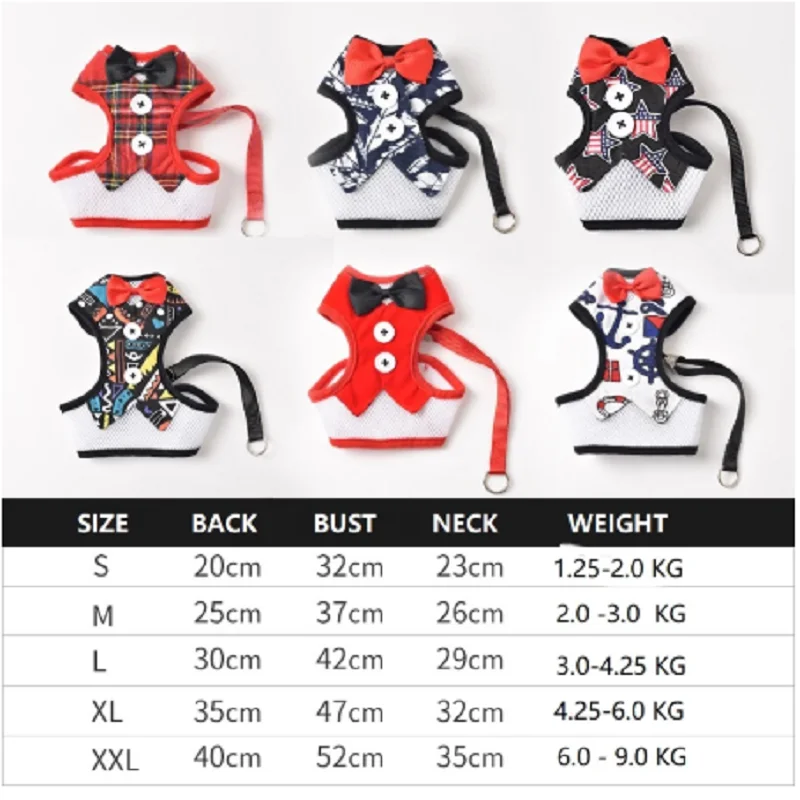 Шлейка поводок для собак и кошек клетчатая жилетка с бантом регулируемый жилет