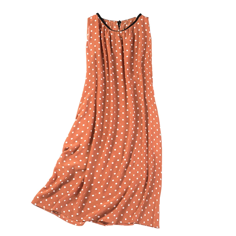 Женское платье из натурального шелка с круглым вырезом в оранжевый горошек