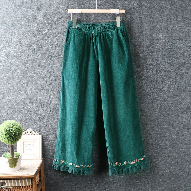 Женские вельветовые брюки Mori Girl винтажные кружевные широкие с вышивкой в