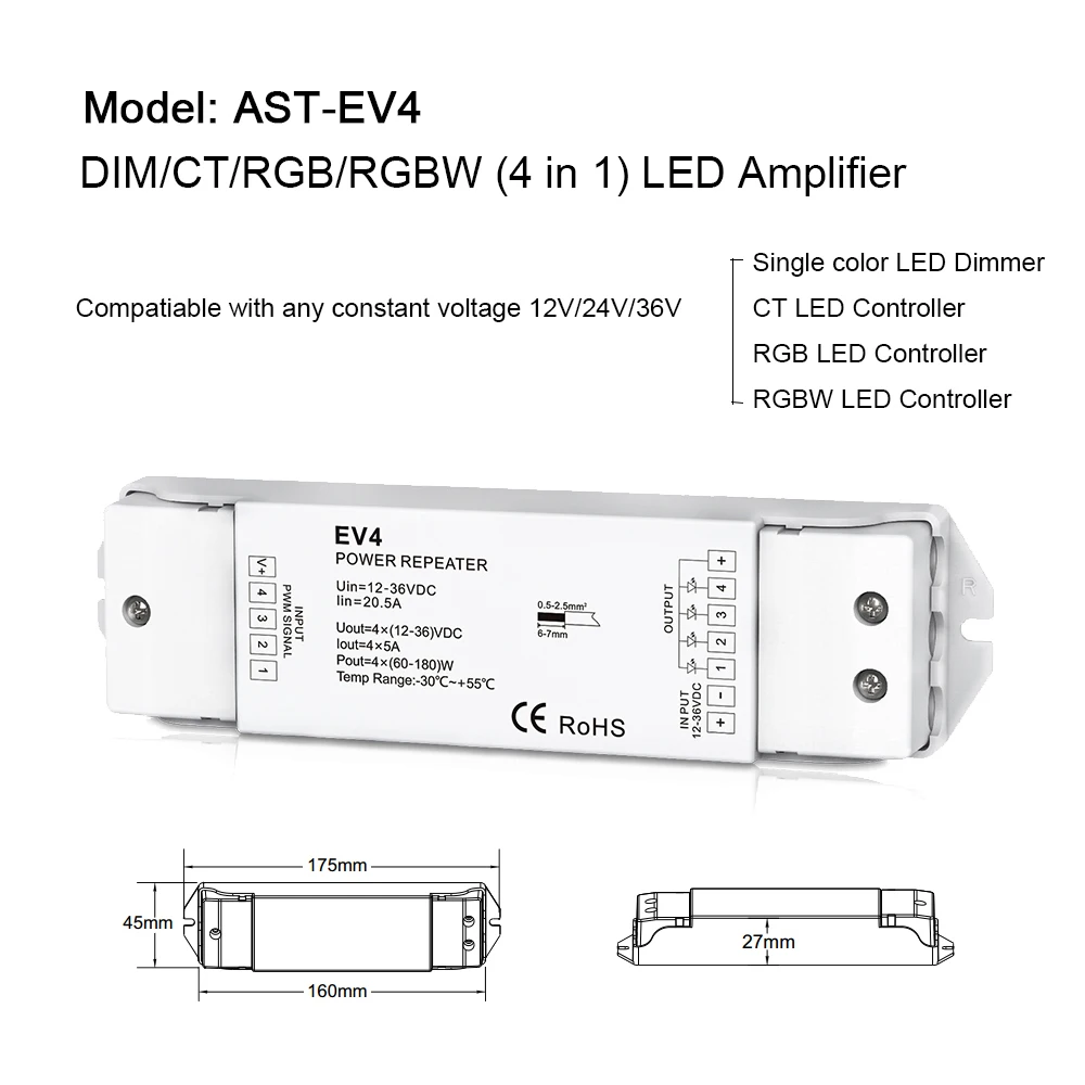 Светодиодный Усилитель RGBW 12V 24V 36V DC Постоянное напряжение PWM усилитель мощности 4CH