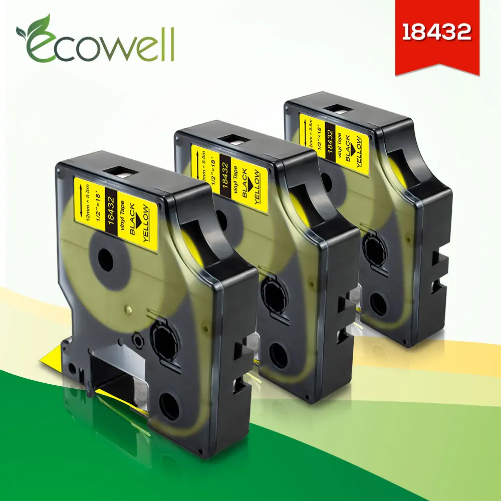 Ecowell 3 шт. совместимые с Dymo Rhino виниловые этикетки 18432 12 мм * 5 м черный на желтом для производителя 4200 5000