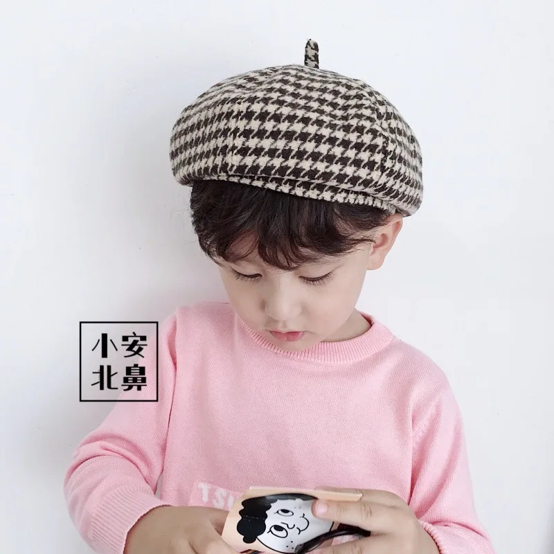 kid camel Модные детские и взрослые клетчатые береты для женщин, шапки для художников, береты для девочек с рисунком гусиной лапки, зимние шапки для мальчиков, французская шапка - Цвет: kid camel