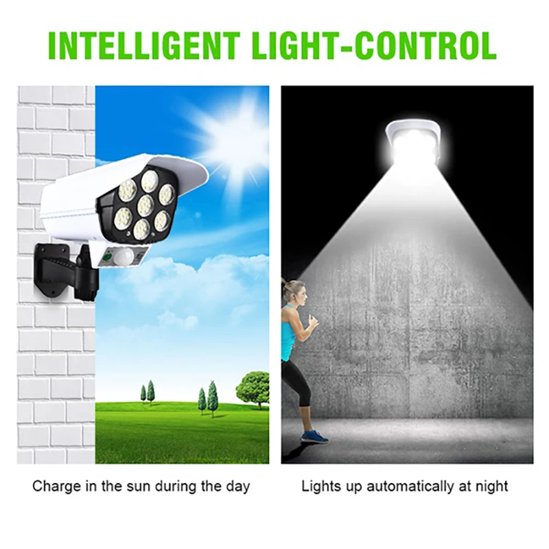 

Solar Light Motion Sensor Security Dummy Camera Flood Light Wireless Outdoor IP65 Waterproof 77 LED Lamp 3 Mode Solar Wall Lamp