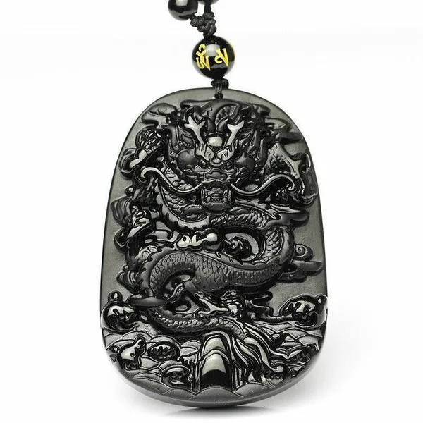 

Obsidian Dragon Pendant Necklace Amulet Charm Handmade Unisex Jewelry 100% rope