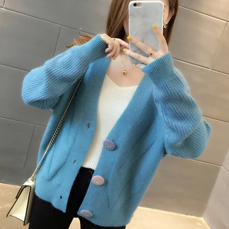 

2020New Autumn Winter Cardigan Sweater Women Korean Fashion Loose Thicken Solid Color Casual Knitting Jacket Sweater Female A264