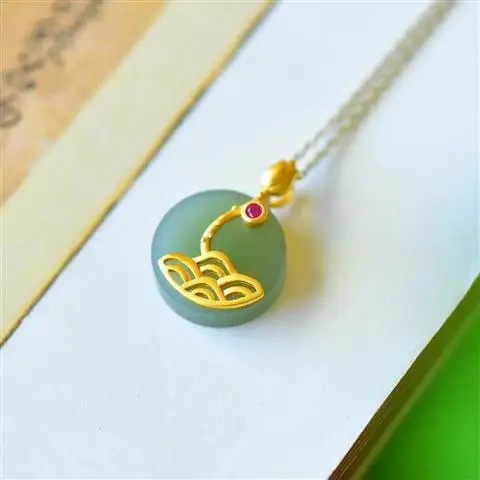 

Natural Hetian Jade Green Jade S925 Sterling Silver Lotus Leaf Lotus Pendant Fashion Popular Simplicity All-Match Ethnic Style