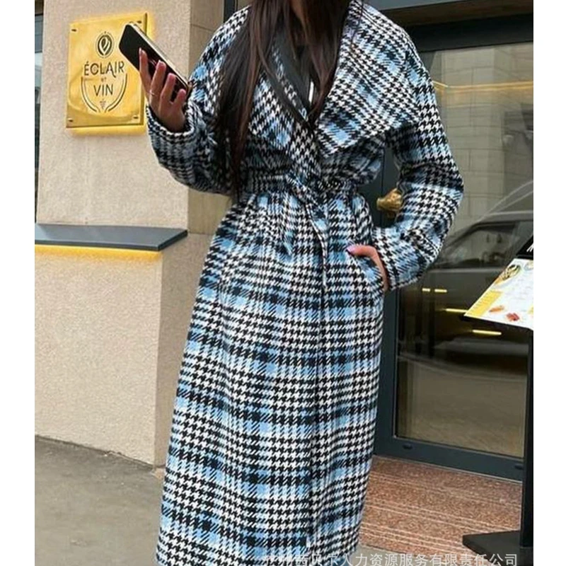 

Wepbel Outwear Lace Up Autumn Trench Jackets Plaid Strap Large Trench Women Long Sleeve Overcoats Loose Business Wear Coats