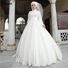 Кружевное свадебное платье с цветочным рисунком, с высоким воротом, с длинными рукавами, вышивкой бисером, белое, мусульманское, свадебное платье