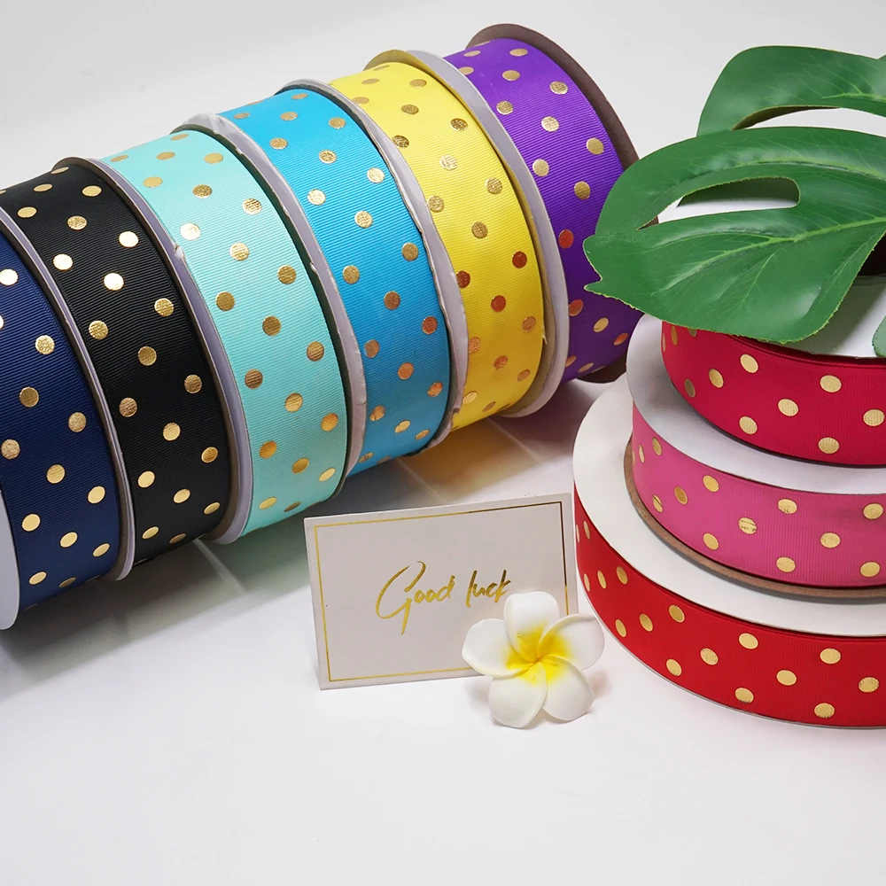 Бесплатная доставка 38 мм в горошек 50 ярдов золотистый лента рубчик с принтом из