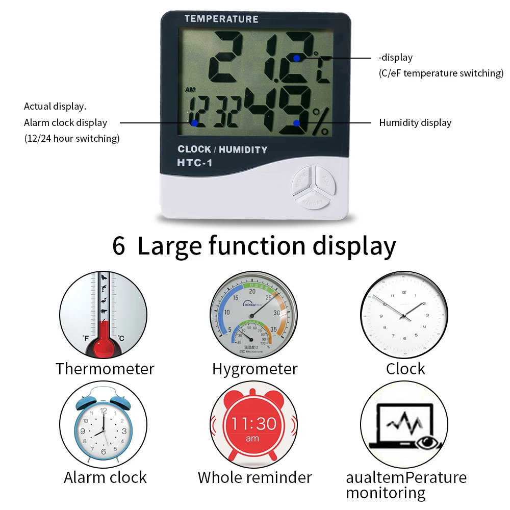 Multifunction Thermometer Hygrometer Automatic Electronic Temperature Humidity Monitor Clock 3.2inch Large LCD Screen | Инструменты