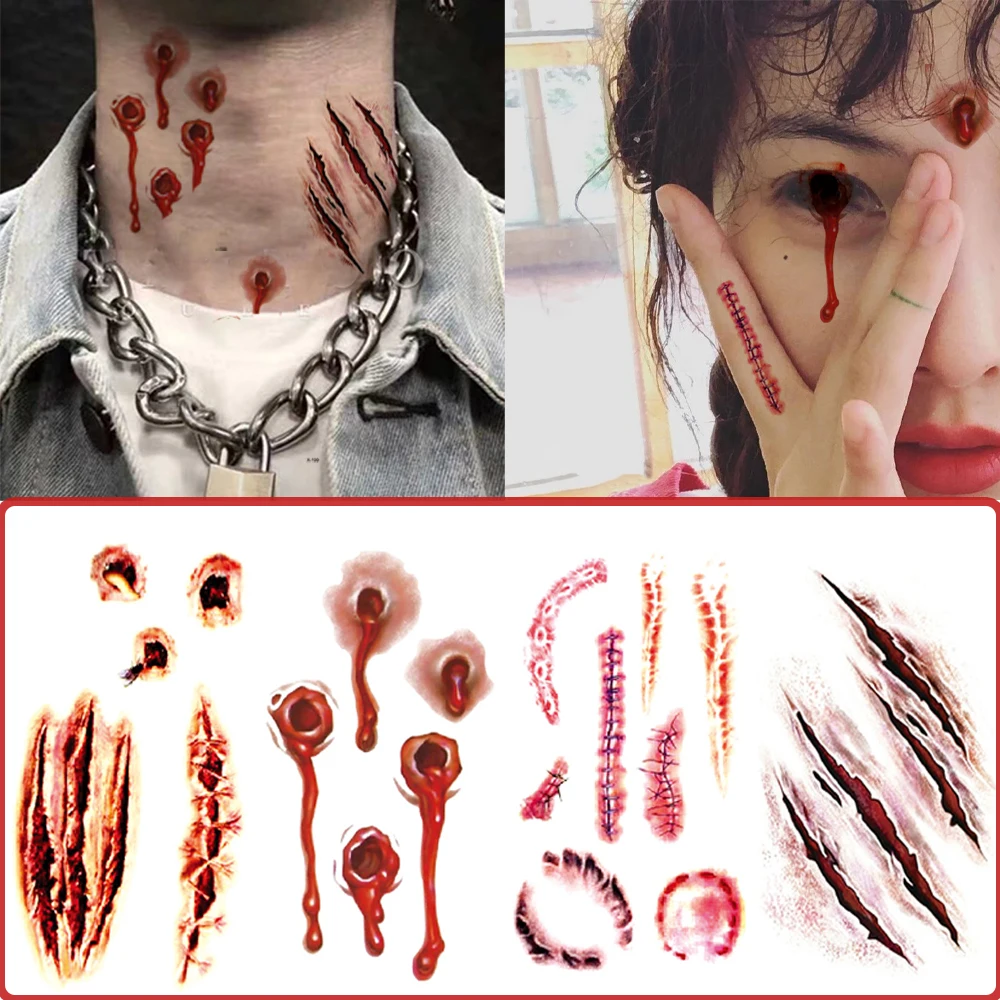 Наклейки-татуировки на Хэллоуин страшные наклейки сшитая рана пистолет