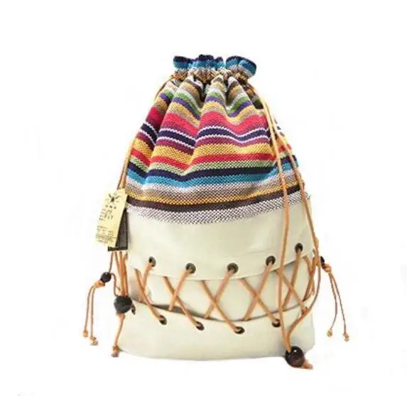 

Original ethnic canvas sack pack lady cotton printed colorful backpack teenage straw string follow out strip bag