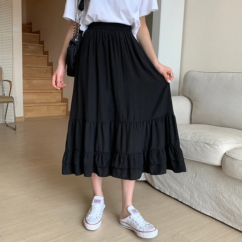 

Summer Women's Korean All Match Solid Midi Skirt Elastic High Waist A-line Loose Casual Layer Ruffle Transparent Skirts B13003X