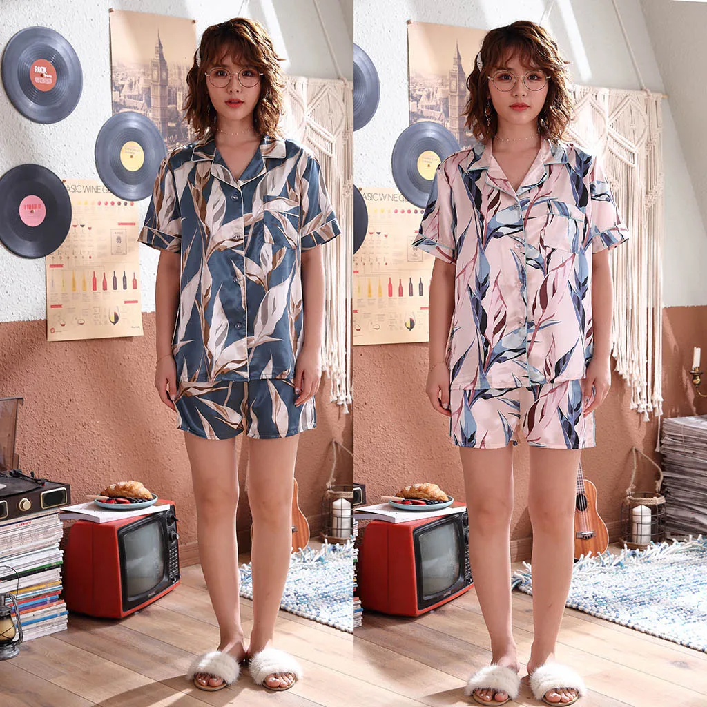 Стильный бар новая одежда для сна женские листья печатных пижамные комплекты