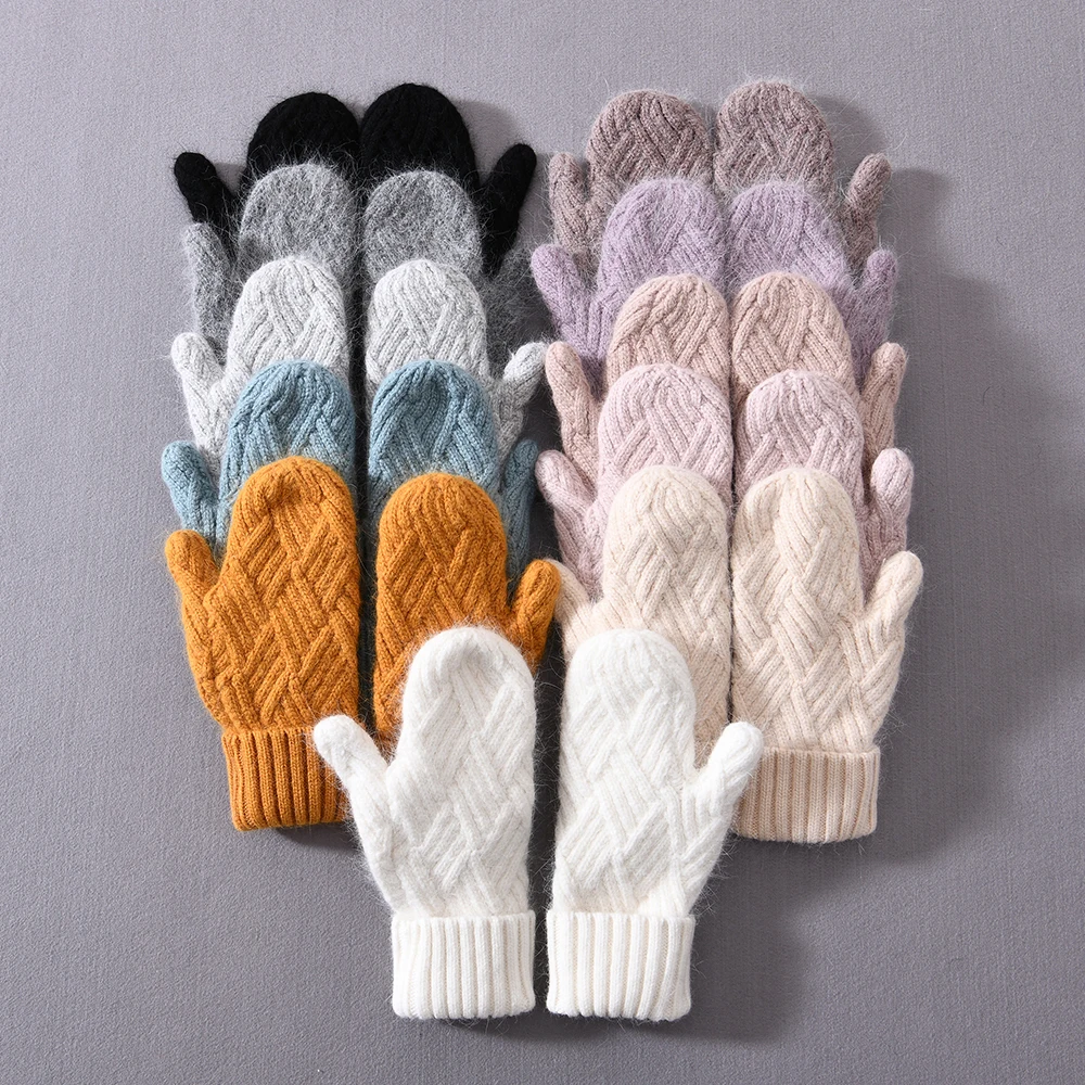 Women Cashmere Knit Mittens High Quality Winter Female Wool Thickening Plush Fashion Warm Full Finger Gloves