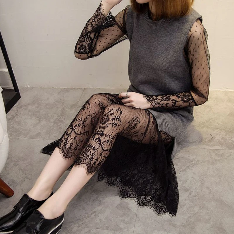 

Inner Lace Dress Autumn and Winter New Hollow Mid-Length Women's Bottoming Skirt Sexy Lightly Mature Feminine Dress