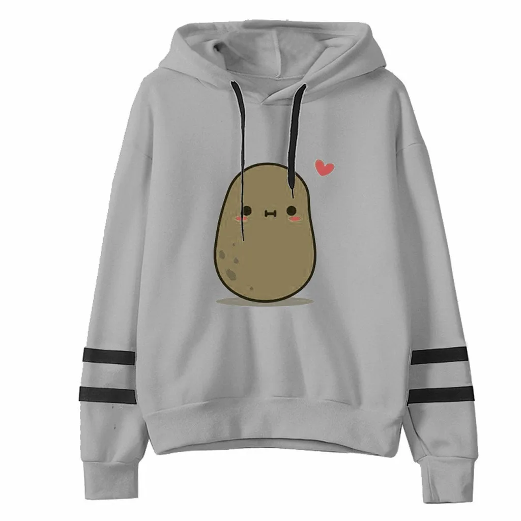 

Fashion Potato Print Hoodies Women Casual Loose Long Sleeve Striped Pullover Sweatshirt Tops kawaii Sweet oversized Hoodie Gray