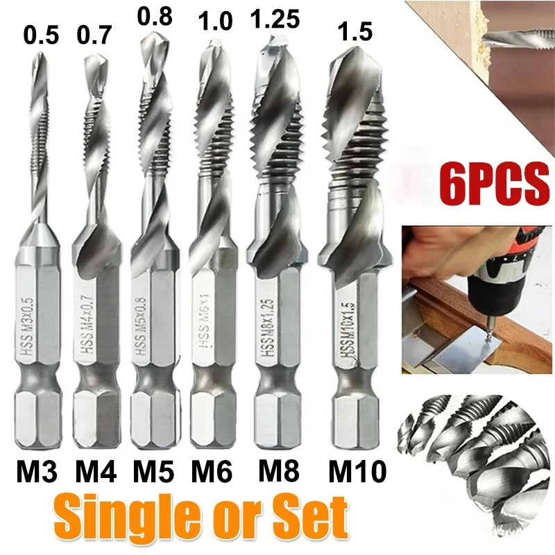 

6pcs M3-M10 Screw Tap Drill Bits HSS Taps Countersink Deburr Set Metric Combination Bit 1/4Inch Hex Shank Quick Change