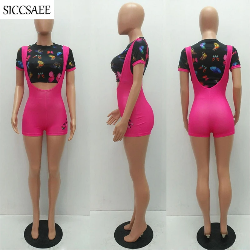 

Butterfly Printed Two Piece Set Short Sleeve Crop Top Suspenders Overalls Sexy Casual Bodycon Bodysuit Sweet Girl Shorts Sets