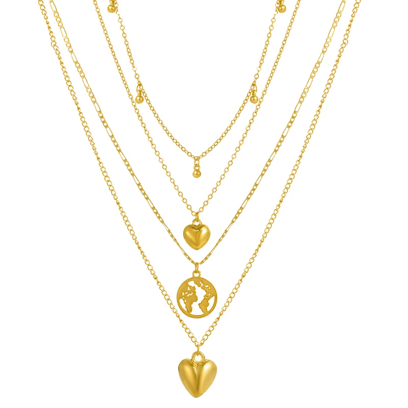 

KISS WIFE NEW Multi-layered Heart Map Beads Pendant Necklace For Women Thin Chain Necklaces 2021 Trendy Fashion Jewelry Gift