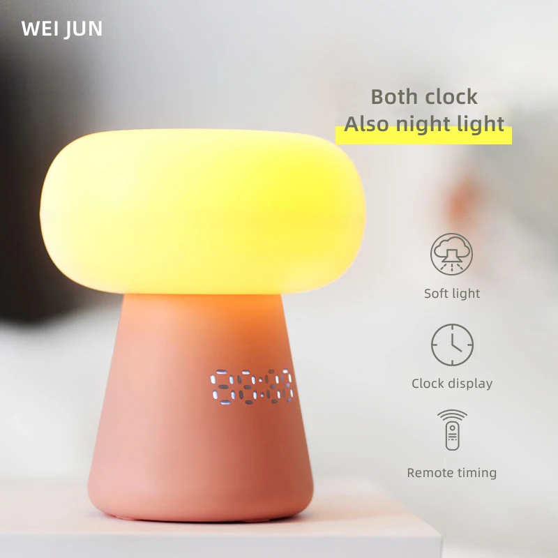 

New LED Night Light Cute Mushroom 3 color Temperature 6 Brightness Adjustment Touch Remote Control Desk Lamp with Clock Switch
