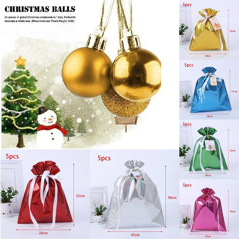 

5PCS Christmas Aluminum Foil New Sacks Reusable Bags Storage Gift Wraping Drawstring Wrap Present Gift Party Bags