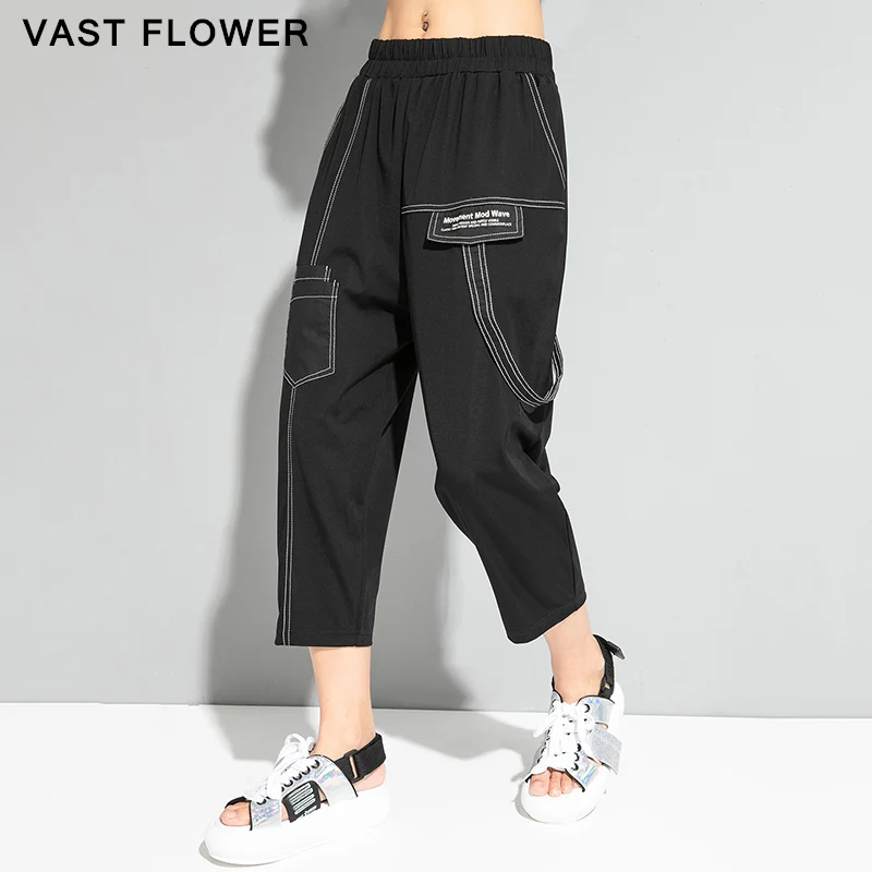 

Женские шаровары с яркой линией, черные, с высокой талией, с карманами, лето 2021, новинка, повседневные, свободные, до икры, уличная одежда