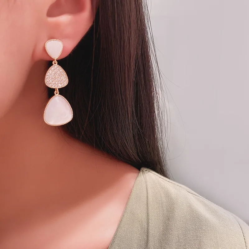 

925 silver needle natural Fritillaria shell geometric rounded triangle earrings female ins earrings elegant long earrings