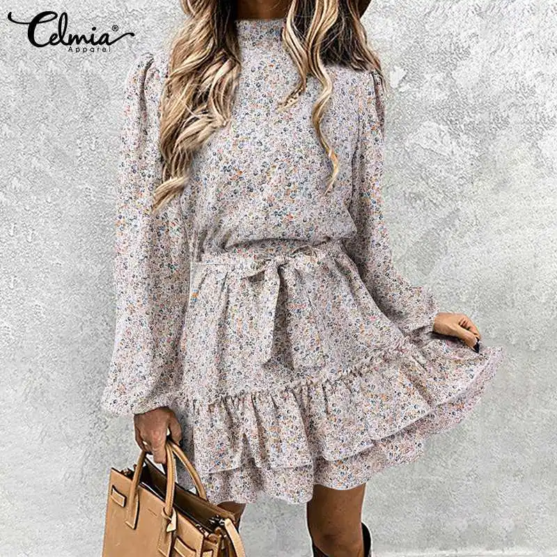 

Модные Платья-мини Celmia с цветочным принтом, новинка 2022, платья с длинными рукавами-фонариками, Элегантные Короткие халаты с высоким воротни...