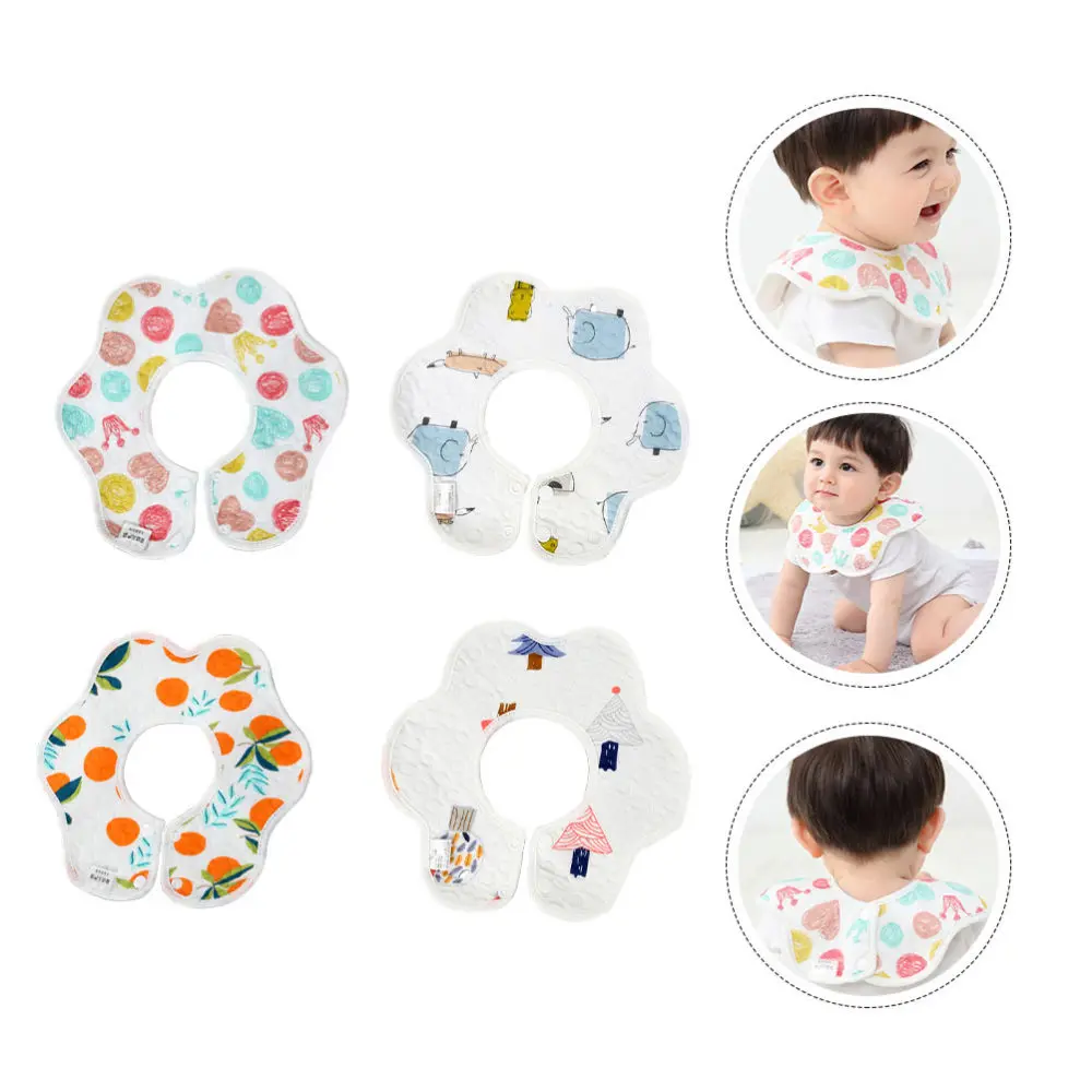

4PCS Baby Cotton Bib Waterproof 360 Petal Shape Bib Lovely Snap Buckle Bib