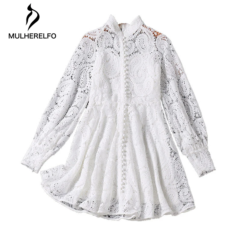 

White Floral Lace Hollow Round-Neck Bottom Dresses French Vintage Loose Elegant Women Dresses Autumn Mini Long Sleeve Dress