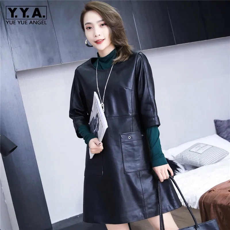 

OL Style Half Sleeve A-Line Dress Spring Korean Natural Leather 0-Neck Mid Dress 2021 New High Quality Pockets Formal Dress