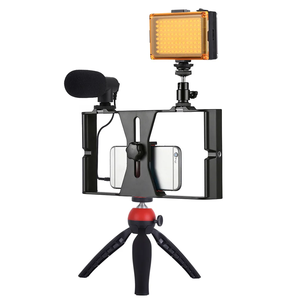 

4 in 1 Live Broadcast LED Light Selfie Light Cell Phone Video Rig Kits with Microphone Tripod Mount Tripod Head Phone Bracket