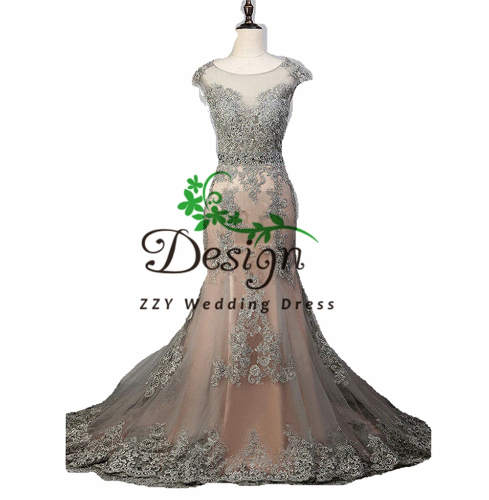 

Excellent Real Images Illusion Appliques Pearls Beading Sheath Custom-Made Evening Dresses Mermaid Mother Of The Bride Dresses