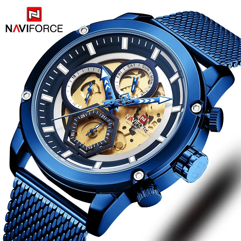 Новинка Naviforce мужские часы синий Скелет циферблат светящиеся мужские s Роскошные наручные часы дизайн кварцевые часы Роскошные мужские наручные часы водонепроницаемые
